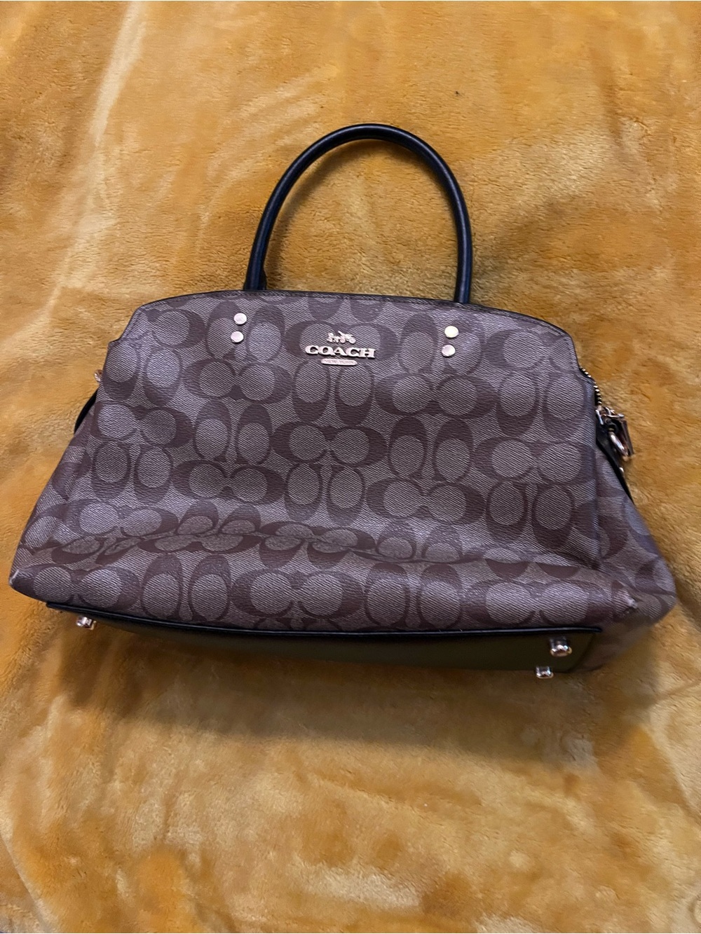 Coach Brown Monogram Satchel with Black Handles